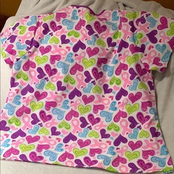 BNWOT Colorful Heart Cancer Rivbon Print Scrub Top by Just Love - Picture 5 of 5